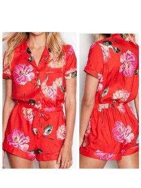Victorias Secret Sleepwear Red Floral Romper Short Sleeve Pockets Sz Medium